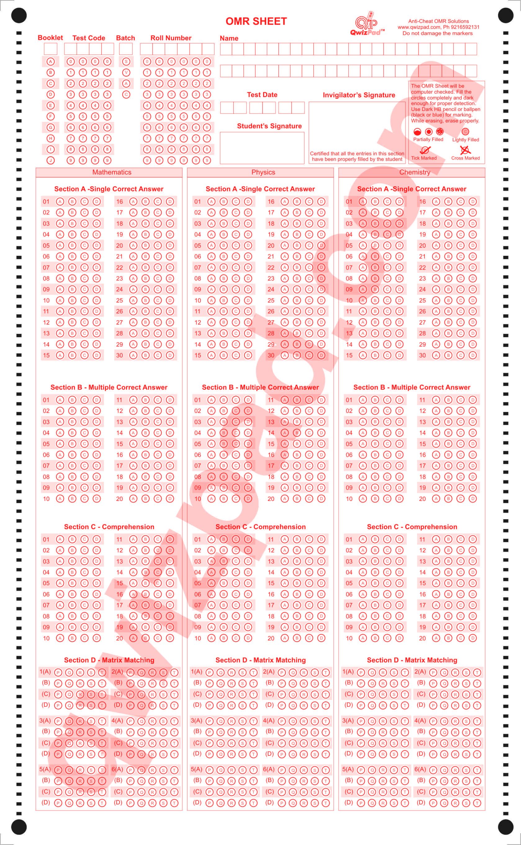 IIT Type OMR Sheet, Legal Size